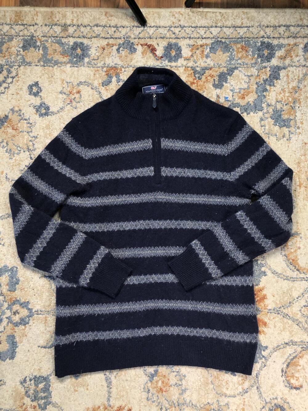 Vineyard Vines Sweater Mens Medium Blue Striped 1/4 Zip Mock Neck Knit Pullover
